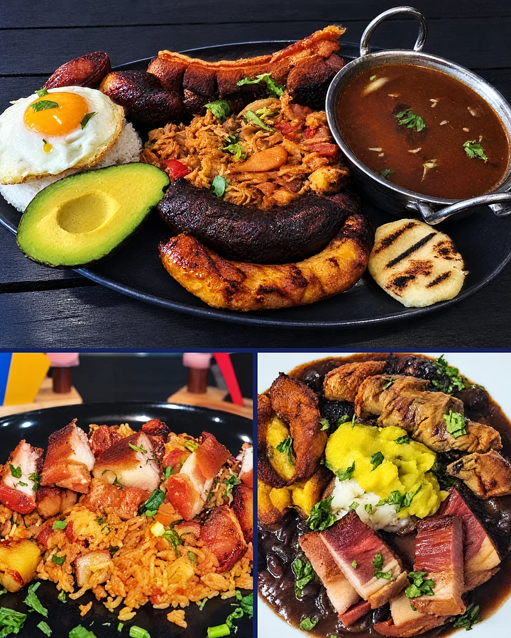 Bandeja paisa above a plate of arroz paisa and a cazuela de frijol