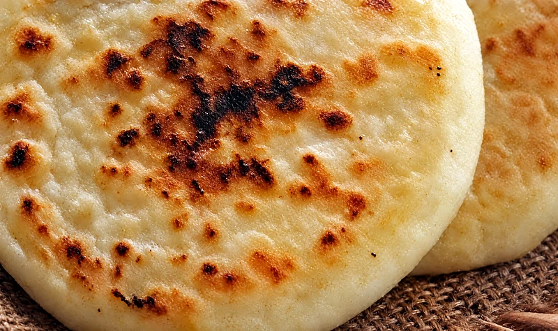 Two plain golden arepas, lightly charred