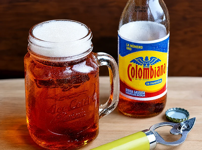 Refajo in a glass jug with a bottle of Colombiana soda