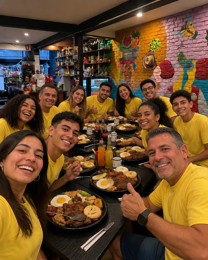 A long table of friends in yellow shirts sharing bandeja paisa under the painted mural at Tentaciones